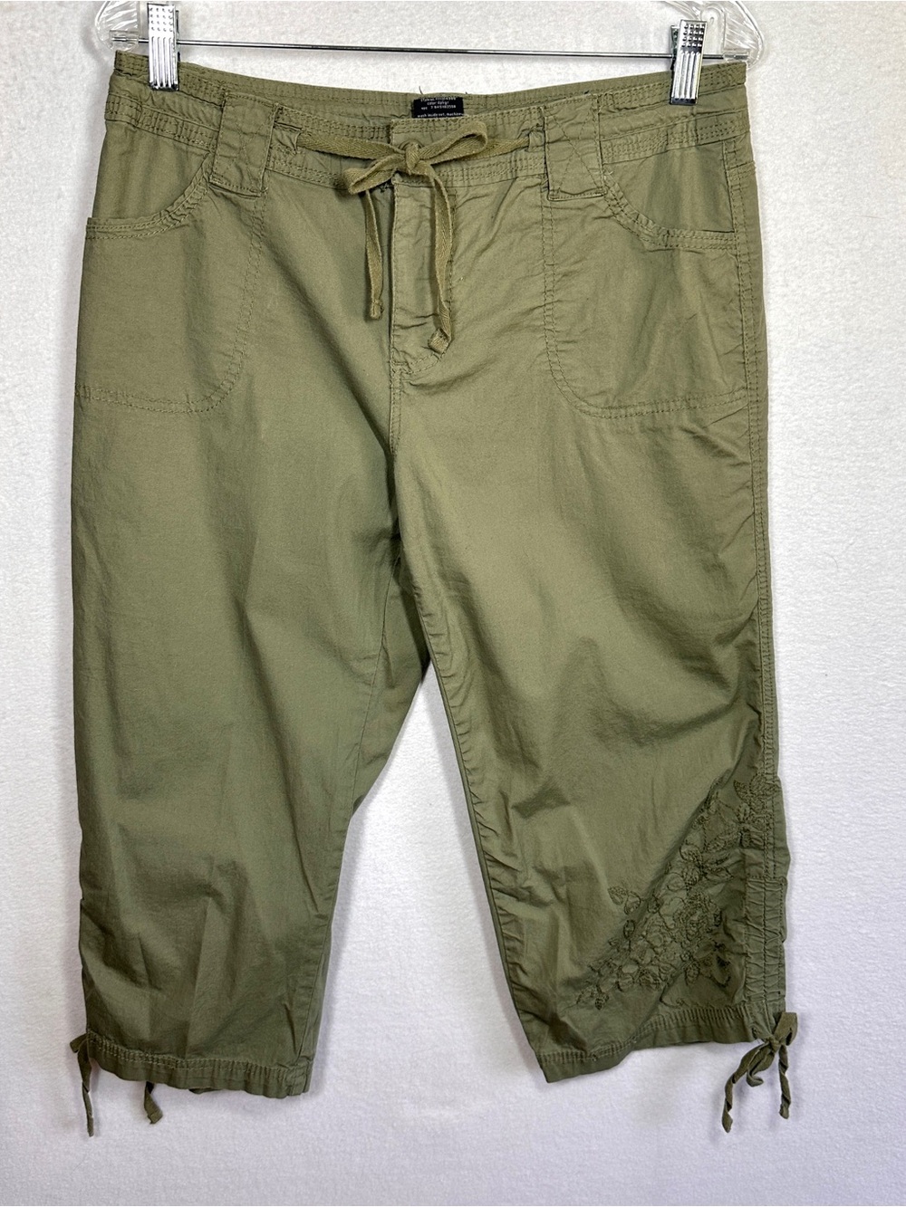 Faded Glory Capri Pants 10 Olive Army Green Drawstring Stretch Embroidery